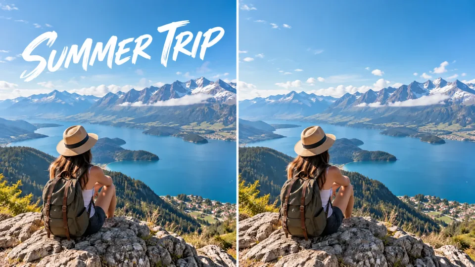 Nebeneinander dieselbe Reiselandschaftsaufnahme: links große überlagerte Wörter „SUMMER TRIP“ über dem Himmel, rechts Wörter entfernt, Himmel und Berg unverändert.