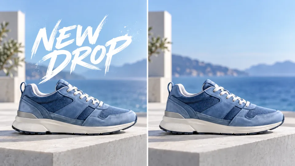 Nebeneinander Aufnahme eines blauen Turnschuhs mit hinzugefügter Werbebeschriftung „NEW DROP“, dann derselbe Schuh ohne Überlagerung – keine Änderungen an Produktetiketten.