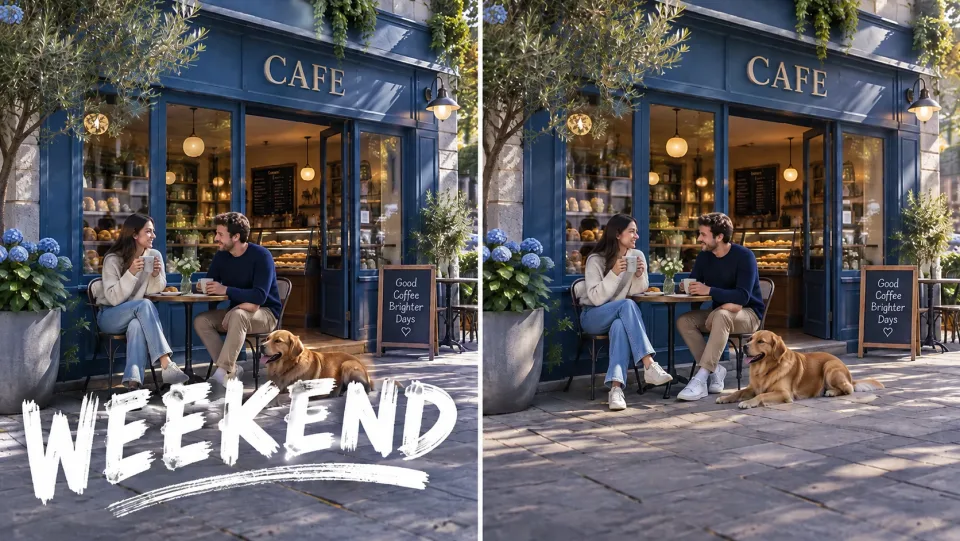 Nebeneinander Café-Aufnahme mit digitaler Beschriftung „WEEKEND“ am unteren Bildrand, dann sauberes Café-Bild mit Erhalt des tatsächlichen Schaufensterschilds „CAFE“.