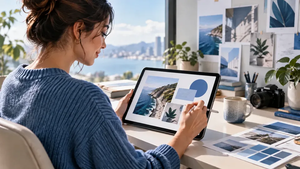 Social-Media-Designerin arrangiert auf einem Tablet ein sauberes Foto und separate Typografieblöcke, blaue Akzente, kein tatsächlich lesbarer Text.