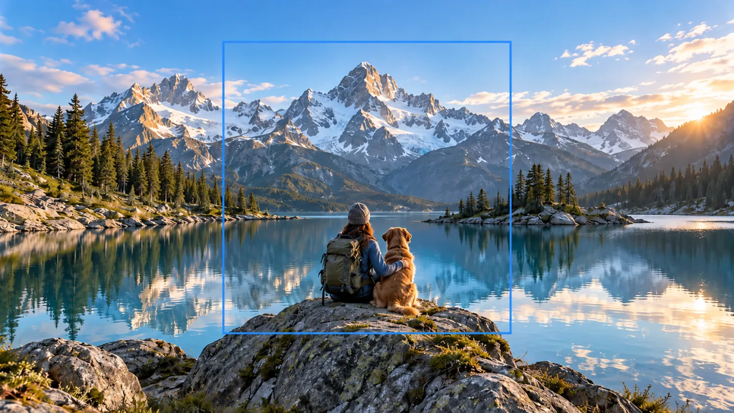 Paysage alpin panoramique d’un lac, avec un fin rectangle bleu indiquant la zone carrée centrale originale ; les montagnes naturelles et l’eau se prolongent de façon fluide au-delà de ce rectangle des deux côtés.