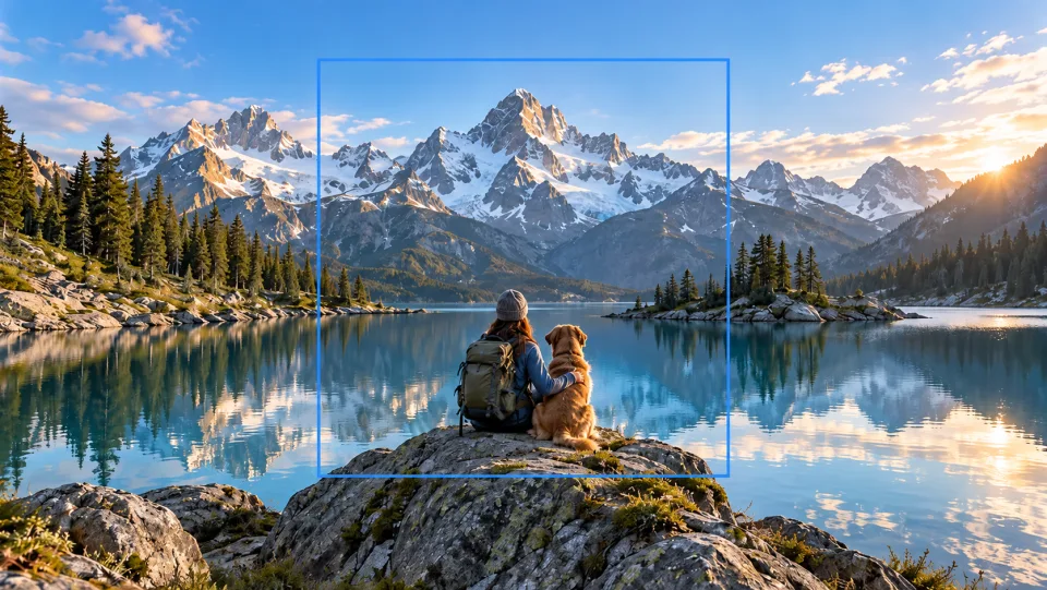 Vue panoramique d’un lac alpin entouré de montagnes, avec un rectangle bleu fin marquant la zone carrée centrale de la photo originale ; les montagnes et l’eau continuent de façon fluide des deux côtés.