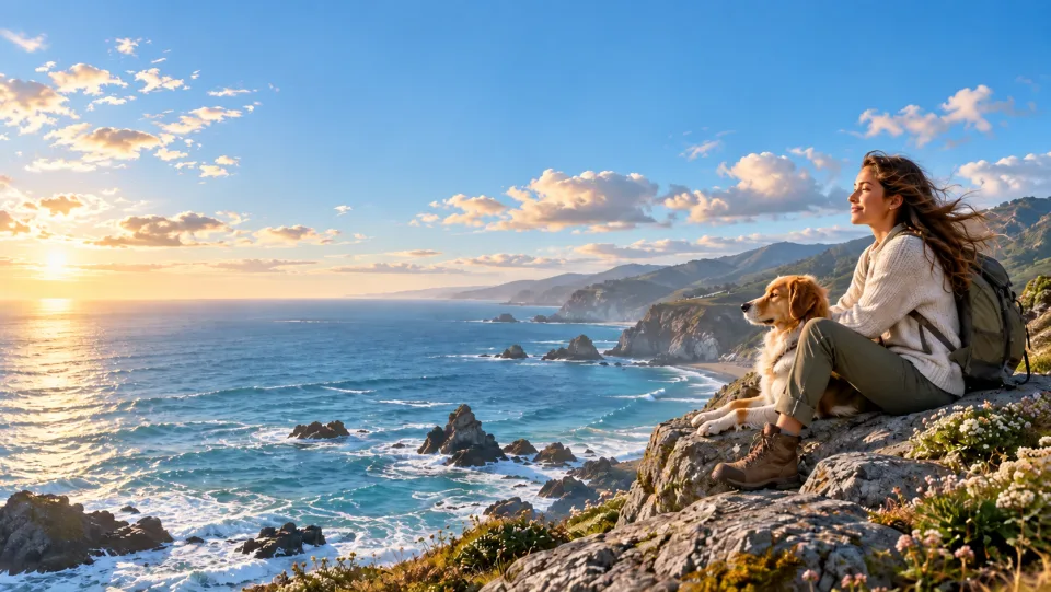 Portrait côtier étendu au format panoramique : le sujet original est positionné à droite, tandis qu’un espace généreux de ciel naturel est laissé à gauche ; un contour bleu fin délimite le cadre original.