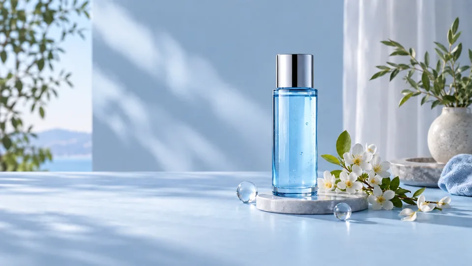 Flacon de produit posé sur une table bleu pâle, avec un fond étendu de manière homogène pour insérer du texte à gauche et à droite, sans aucun texte visible.