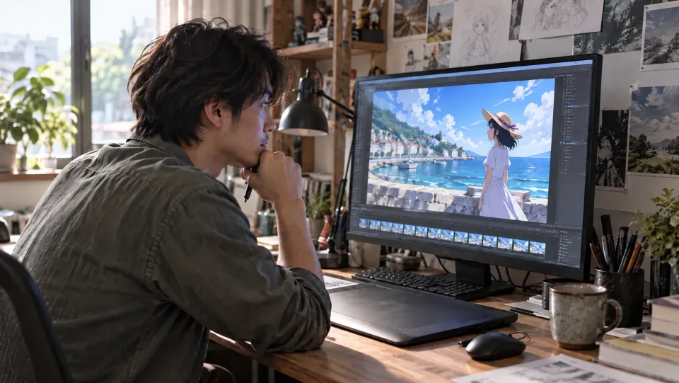An anime editor reviewing a coastal scene on a monitor.