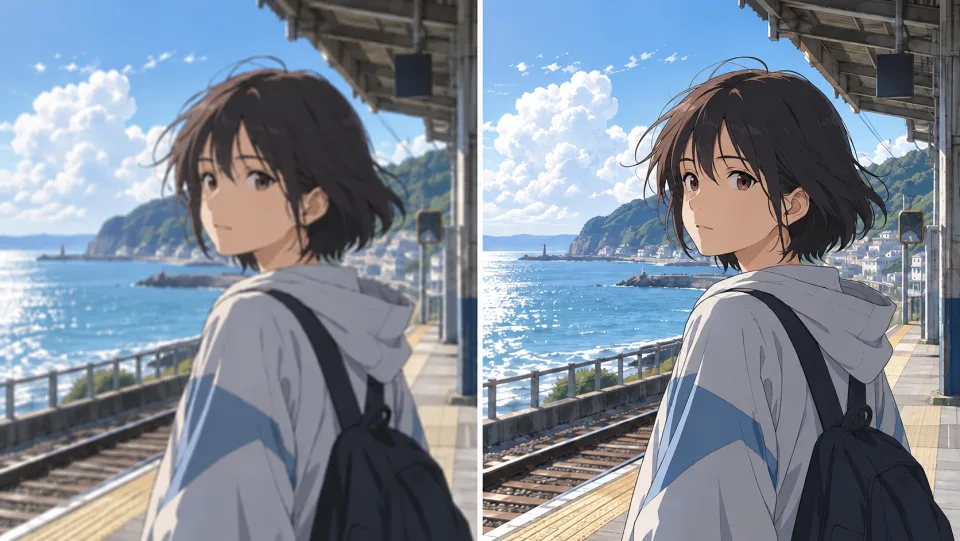 An anime girl at a seaside station, soft and sharp frame comparison.