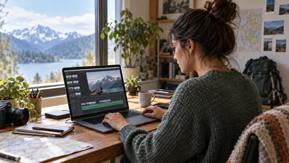 A creator editing a mountain video on a laptop.