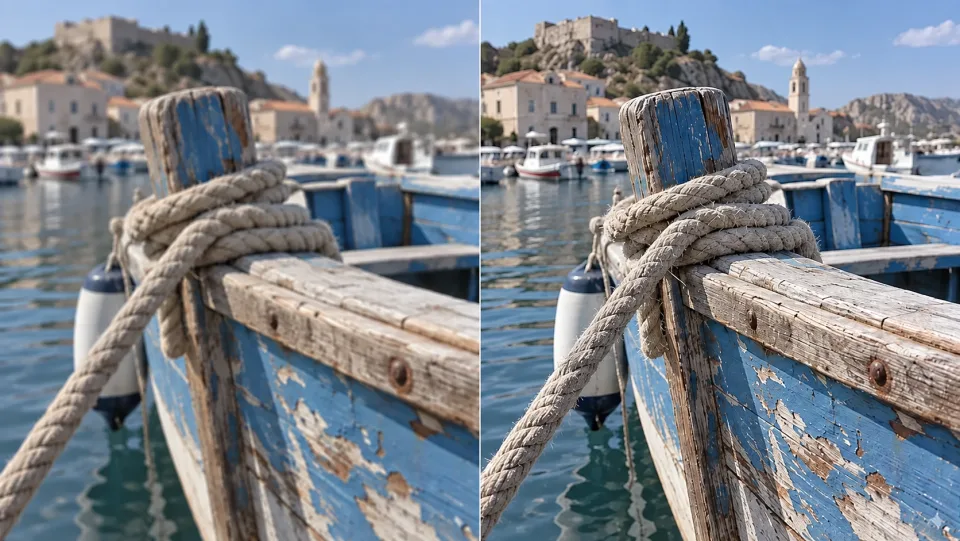 Rope and weathered blue wood on a boat, soft and crisp detail comparison.