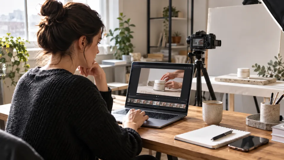 A product video creator reviewing a ceramic cup shoot.