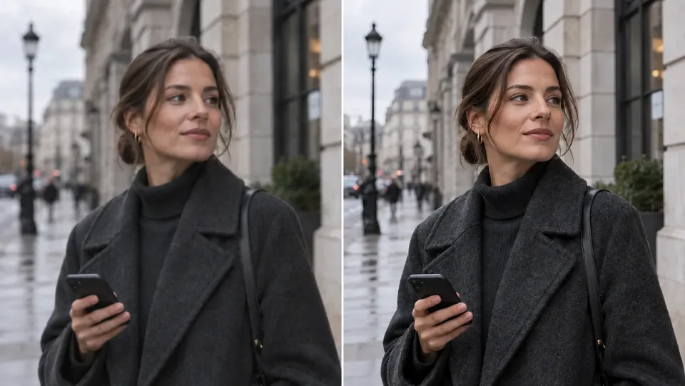 A woman in a dark coat on a city street, before and after clarity comparison.