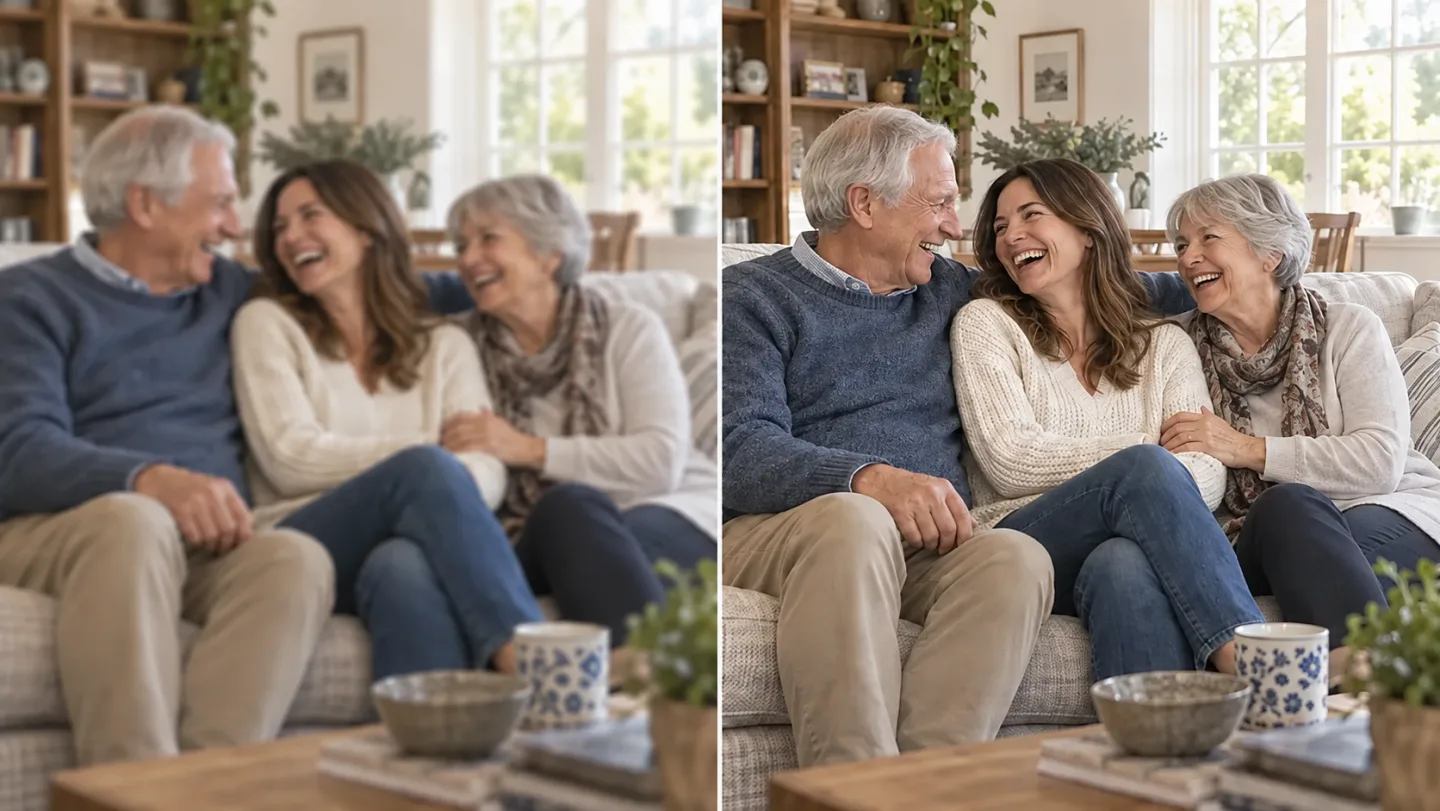 A family seated together, compared in soft and clearer video frames.