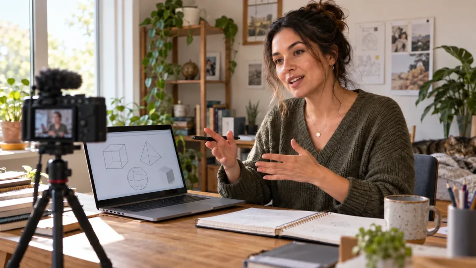 A teacher recording a geometry lesson at her desk.