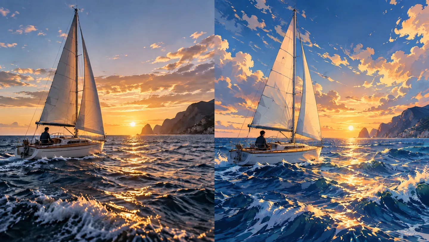 Side-by-side cinematic sailboat on ocean at sunset and same composition as hand-painted anime illustration, blue and gold, single illustrative still no video player UI.