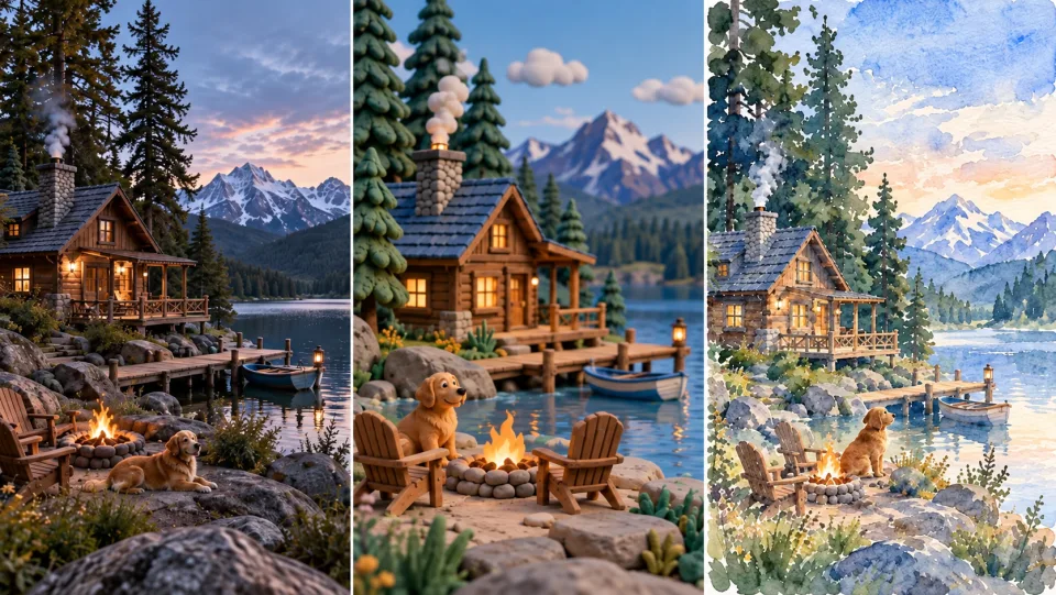 Three stylistic interpretations of same woodland cabin scene: realistic film frame, handcrafted clay animation style, watercolor illustration.