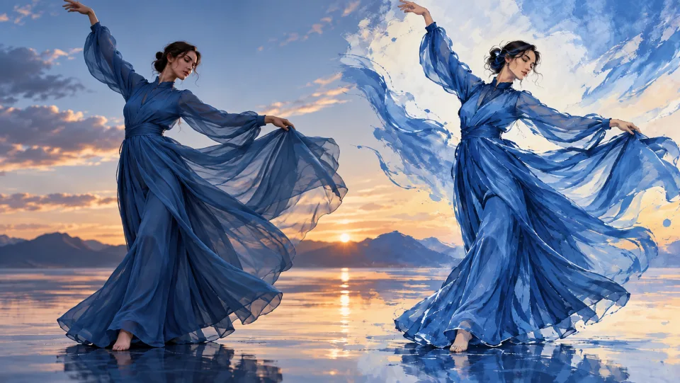 Cinematic dancer in a flowing blue fully covering dress, same pose in photographic and expressive hand-drawn animation interpretations.