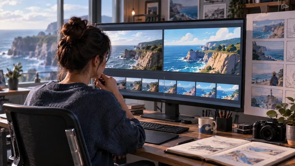 Film editor workspace with storyboard frames showing a coastal landscape restyled from live action to illustrated animation, no readable UI text.